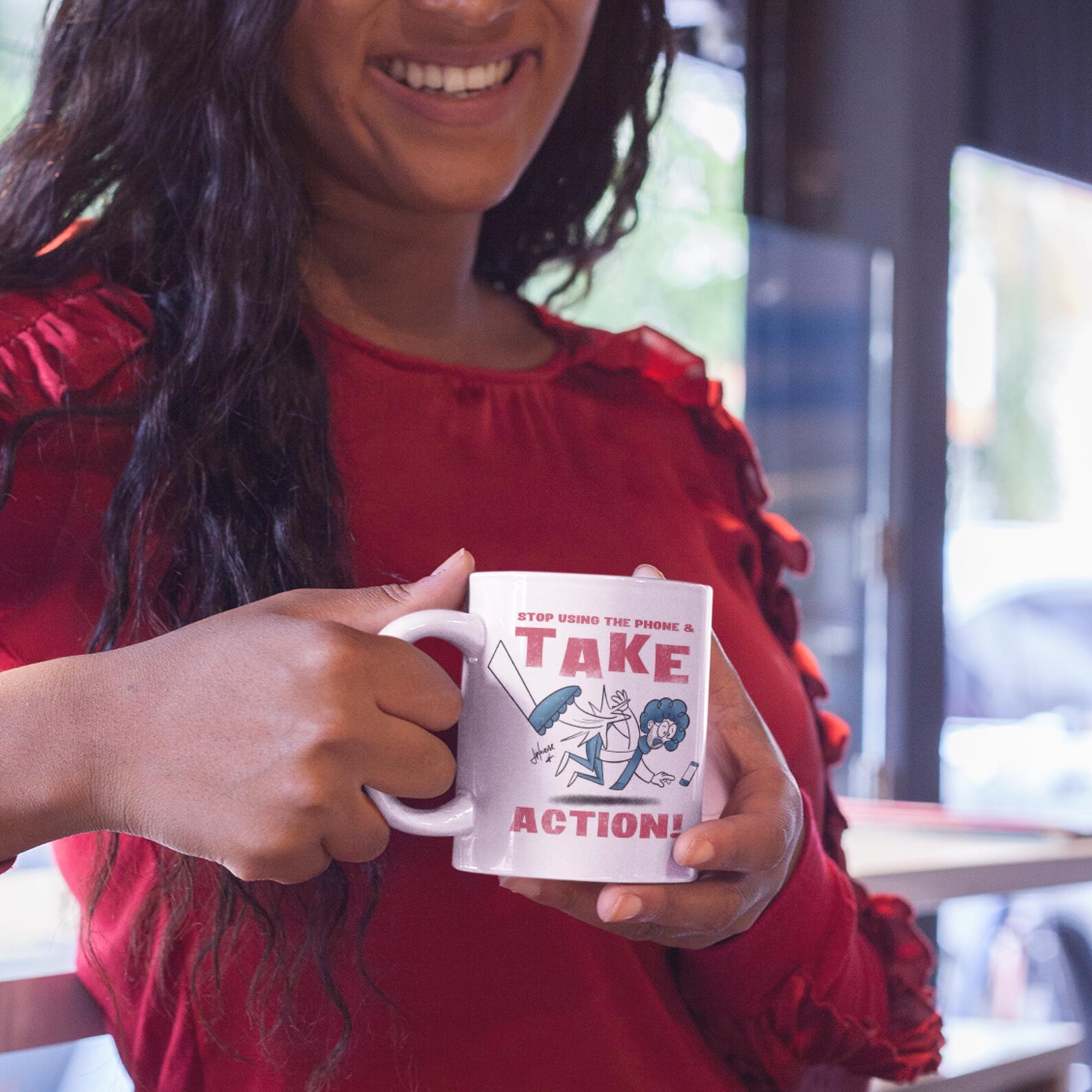 Stop Using The Phone and Take Action! Creamic Mug - Imagen 2